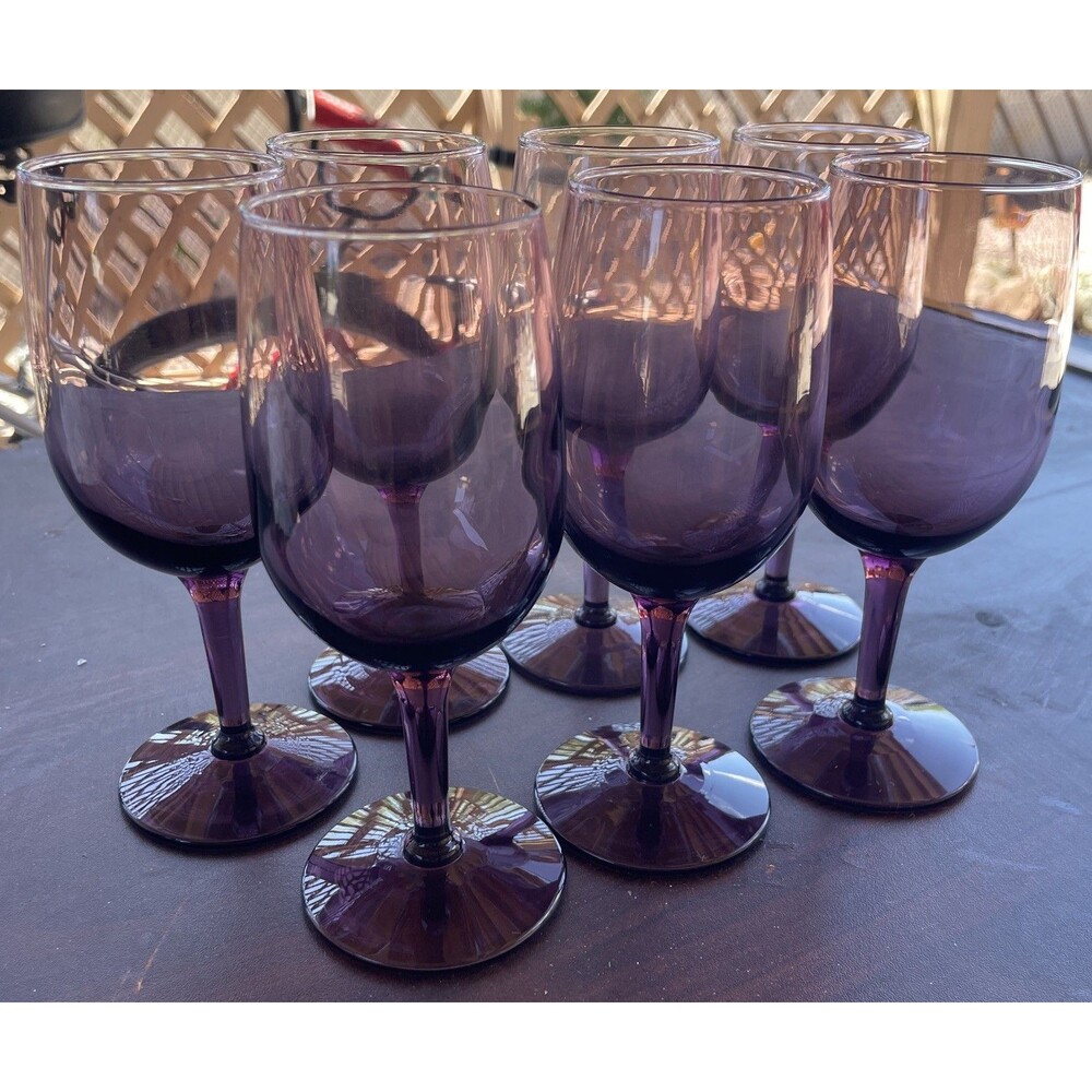Vintage Purple Plum Wine Glasses Small Amethyst Glass Stemware Set of 7